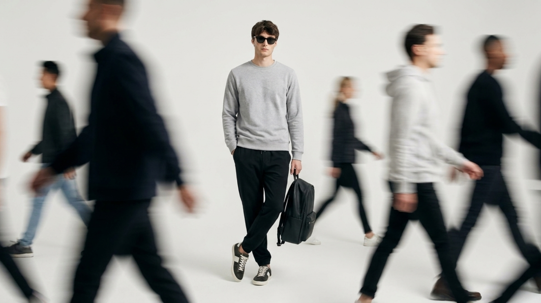 Minimalist fashion campaign featuring a man in a grey sweatshirt and black pants standing still while blurred people walk around him in motion against a clean white studio background.
