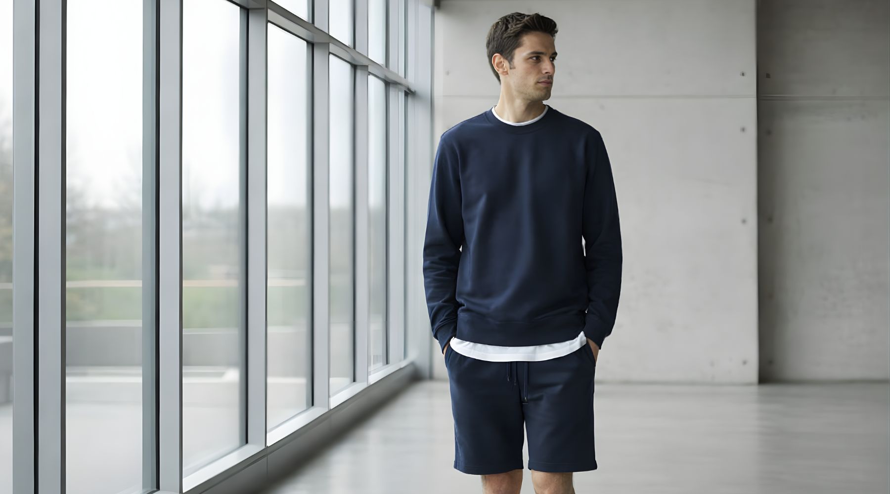 Man wearing a navy sweatshirt and shorts standing beside large windows in a modern minimal space.