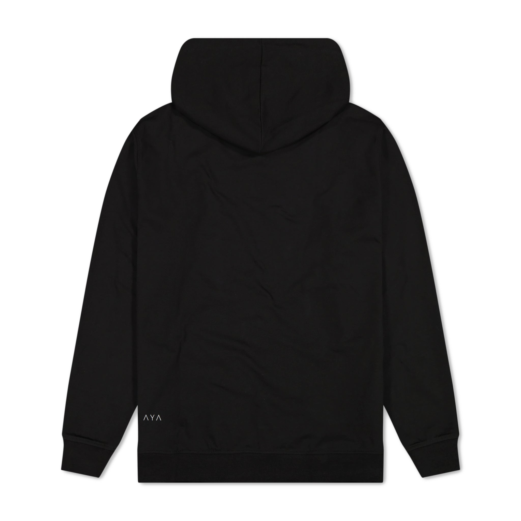 Black hoodie with a brand logo on the back against a white background