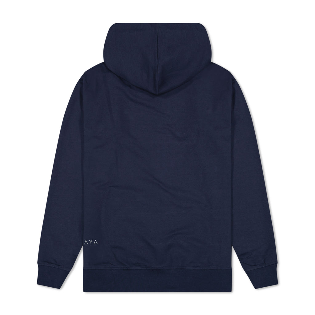 Navy blue hoodie with a brand logo on the back against a white background