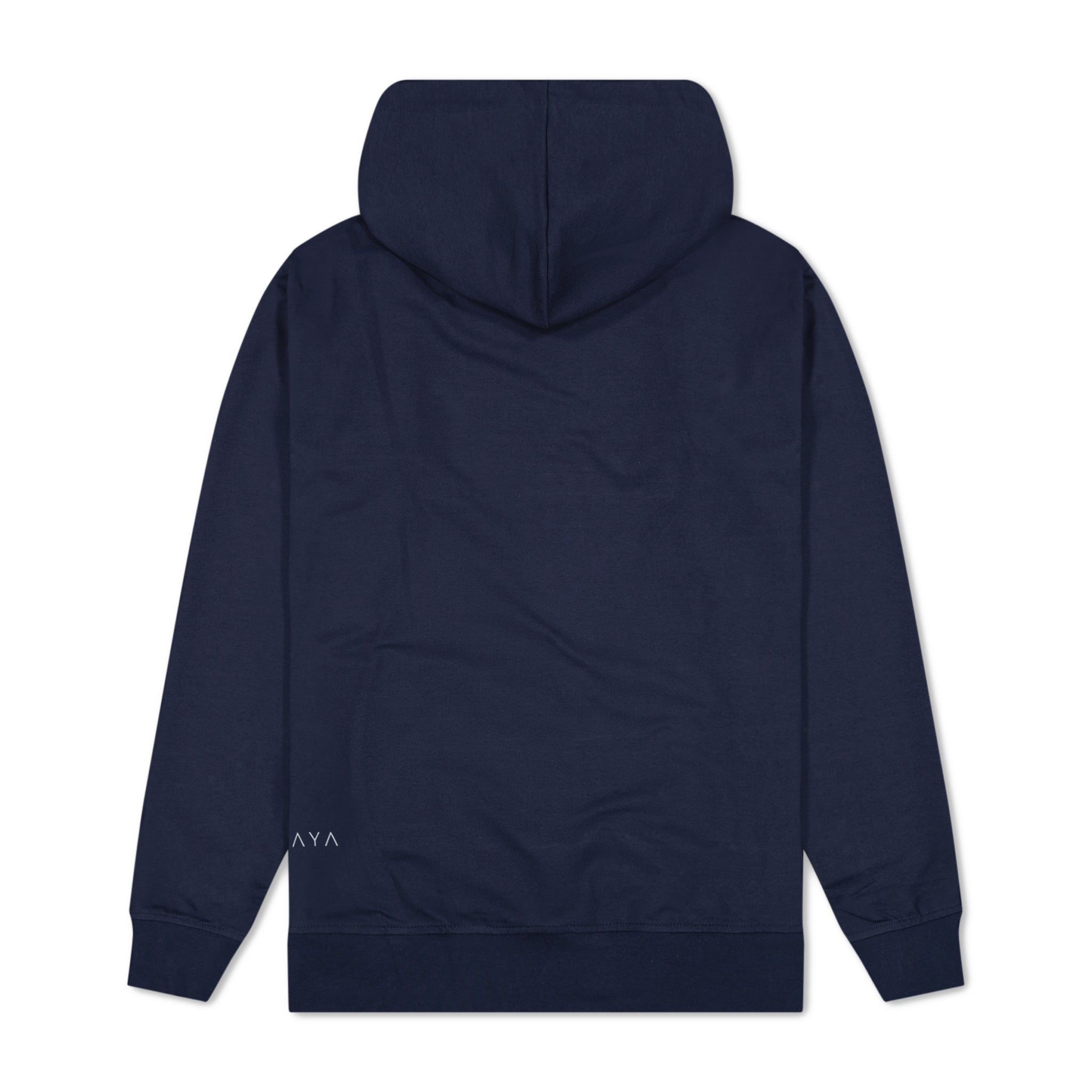 Navy blue hoodie with a brand logo on the back against a white background