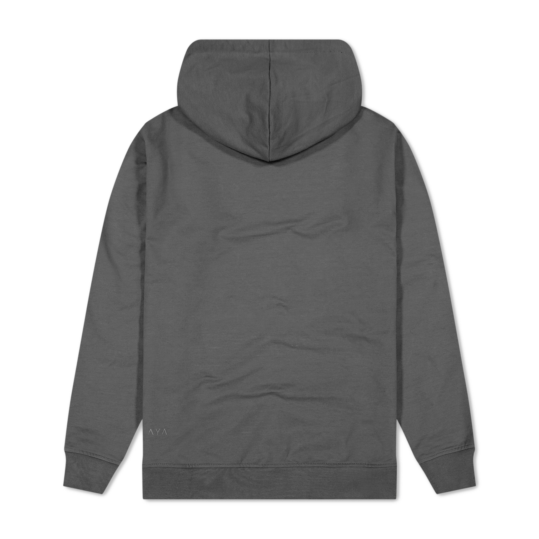 Gray hoodie shown from the back on a white background