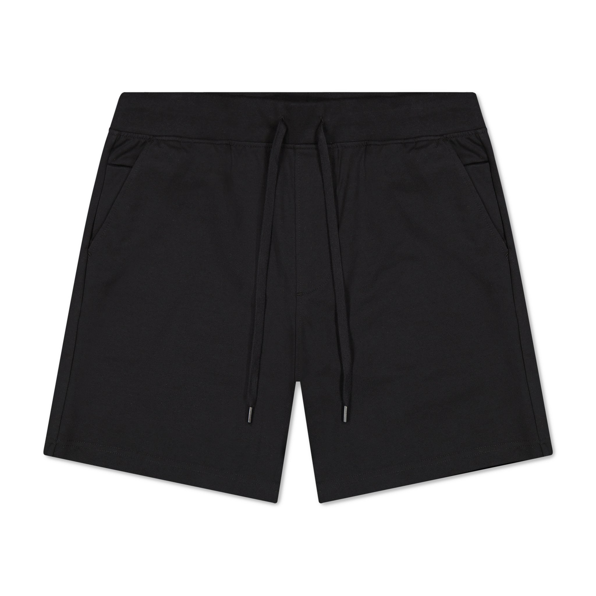 Black shorts with drawstring on a white background