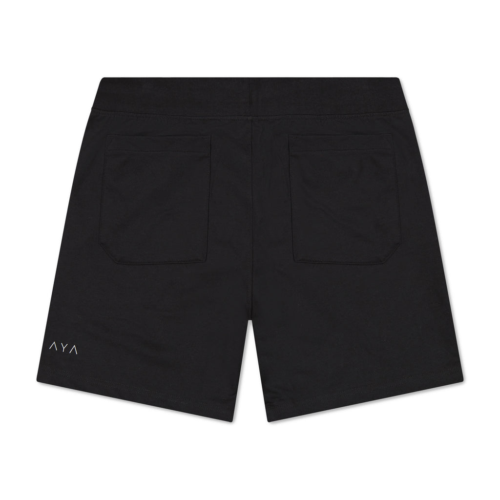 Black shorts with a brand logo on a white background