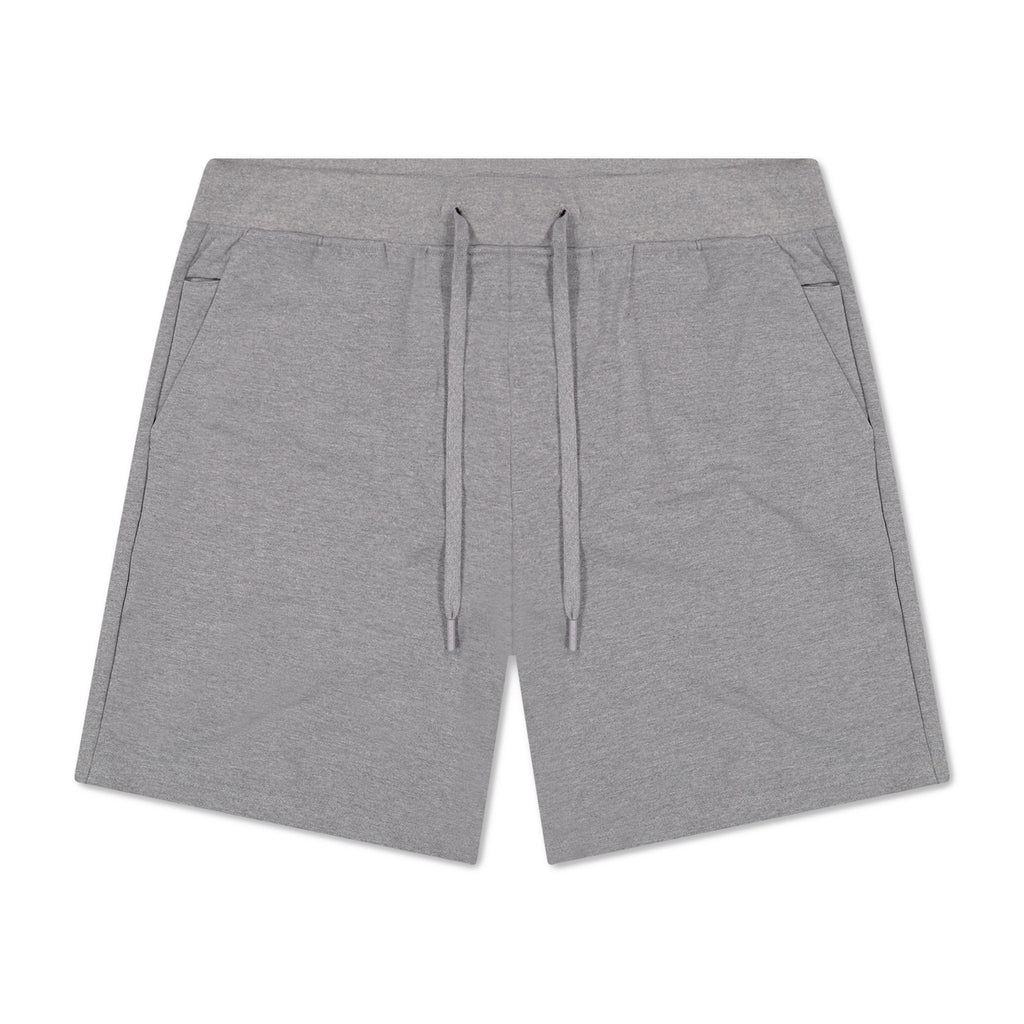 Gray shorts with a drawstring on a white background