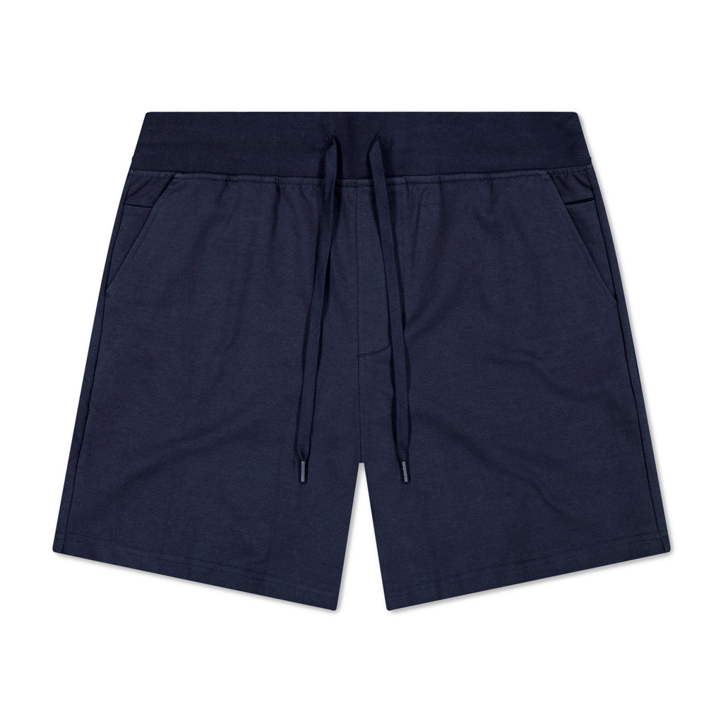 Navy blue shorts with drawstring on a white background