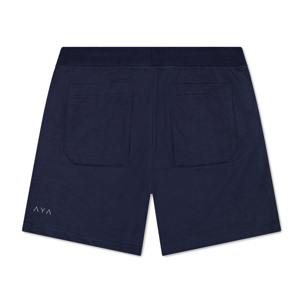 Navy blue shorts with a brand logo on the back pocket against a white background