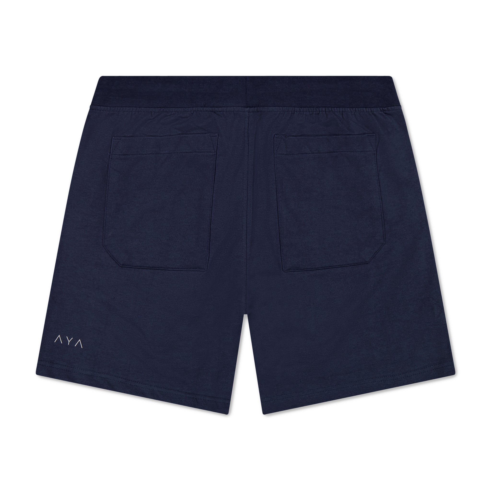 Navy blue shorts with a brand logo on the back pocket against a white background