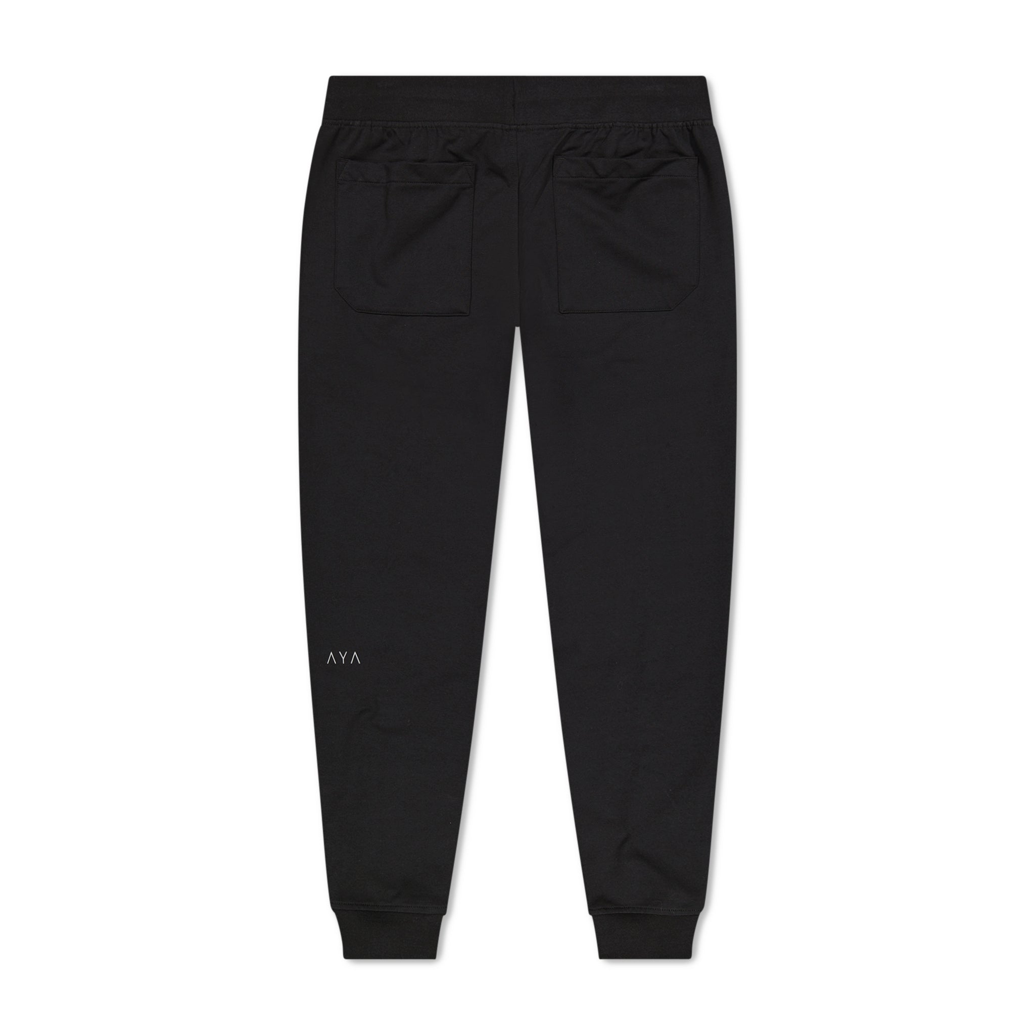 Black jogger pants on a white background