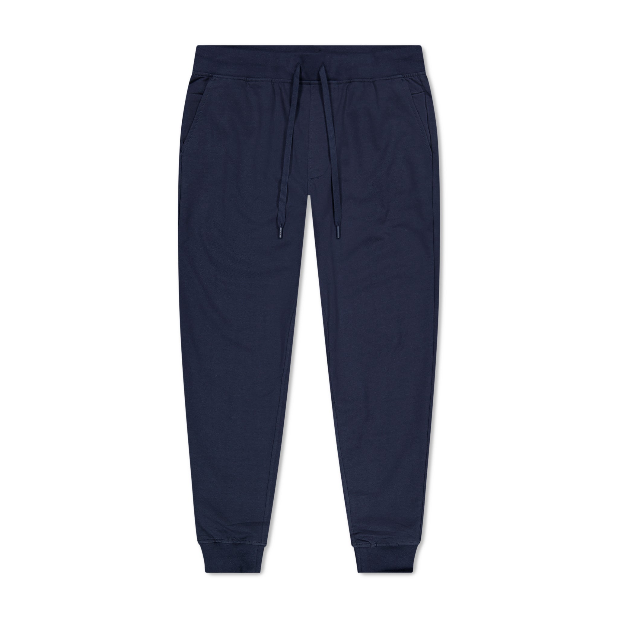 Navy blue jogger pants on a white background