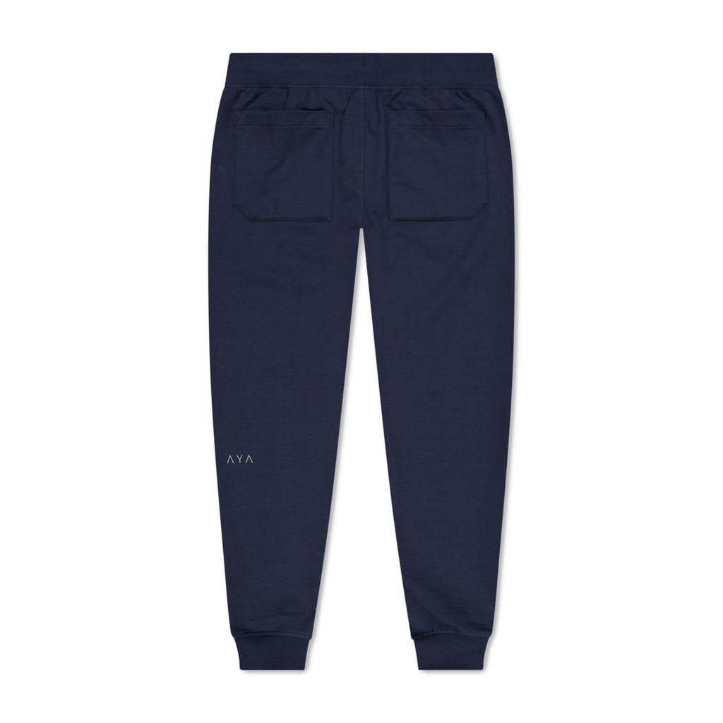 Navy blue jogger pants on a white background